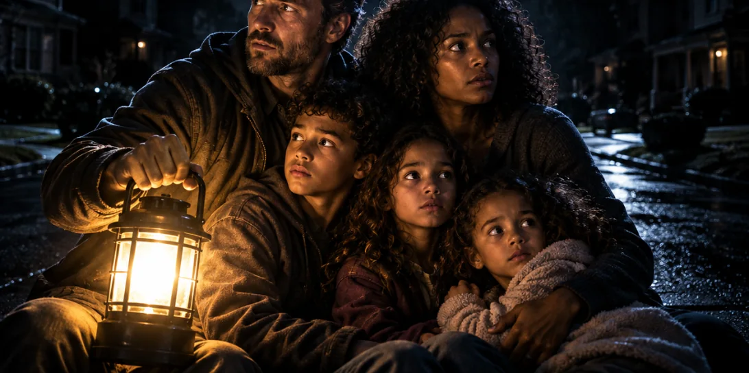 A family pressed close together around a lantern in the dark